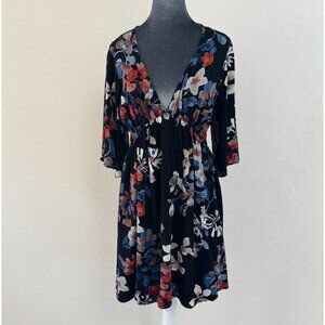 LoveStitch Black Floral Bell Sleeve Mini Dress. Black/Blue/Coral - Size L